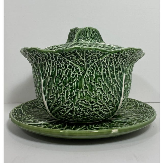 Vintage Majolica Cabbage Leaf Soup Tureen with Lid & Under Plate Made in Portugal Sculptural, High Relief, Impactful...