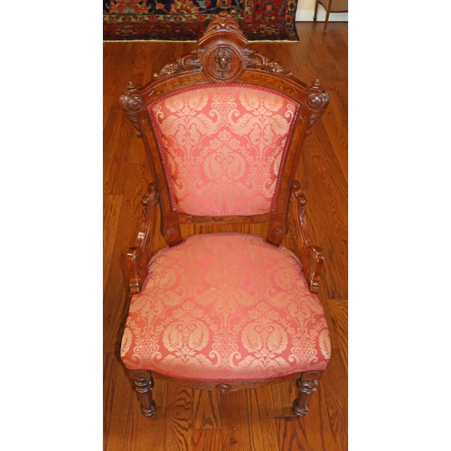 Late 19th Century Pair of Jelliff Victorian 19th Century Walnut Carved Damask Fabric Side Chairs For Sale - Image 5 of 12