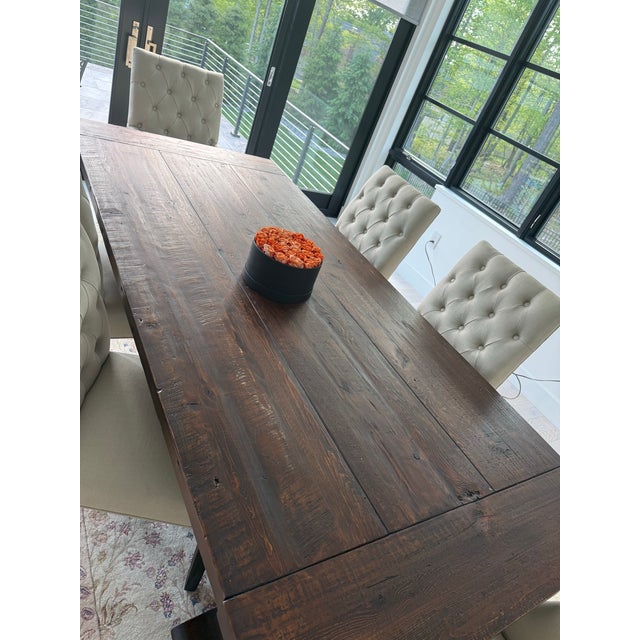 Restoration Hardware Restoration Hardware Salvaged Wood Trestle Extension Dining Table With 6 Bennett Parsons Chairs For Sale - Image 4 of 12