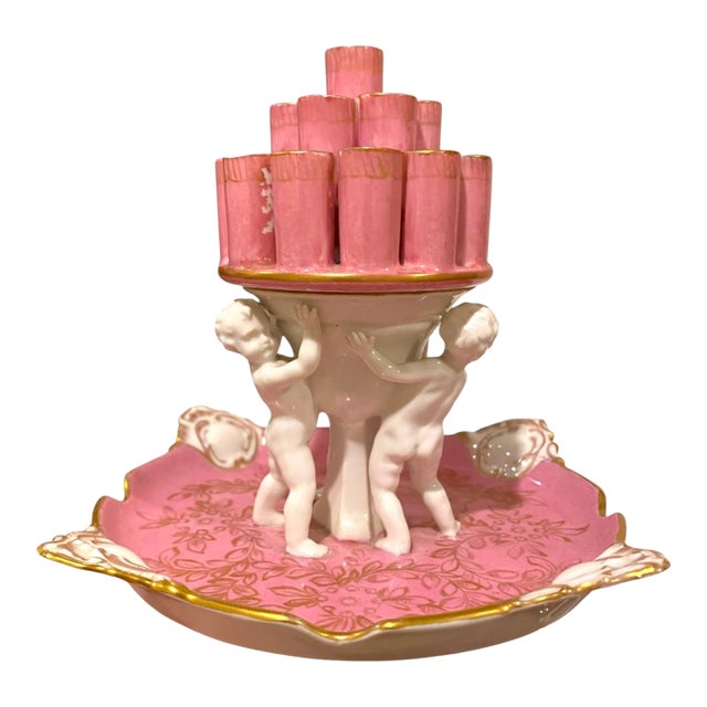 Antique Carl Thieme Dresden Pink Porcelain Cherub Cigarette Holder / Flower Frog Vase For Sale