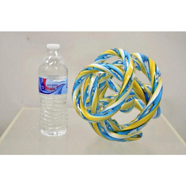 Contemporary Murano Style Art Glass Swirl 8" Infinity "Knot of Love" Blue & Yellow Decorative Object. Circa Late 20th...