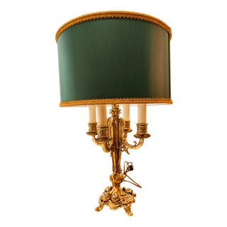 Antique Four-Light Bronze Lamp with Lampshade For Sale