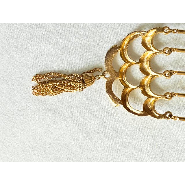 Vintage 1970s Brutalist Articulated Birdcage Tassel Pendant Necklace, Gold-Tone For Sale - Image 12 of 15