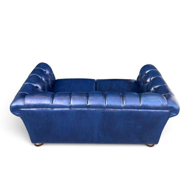 Navy Blue Vintage Chesterfield Navy Blue Tufted Leather Loveseat W/ Brass Trim For Sale - Image 8 of 16