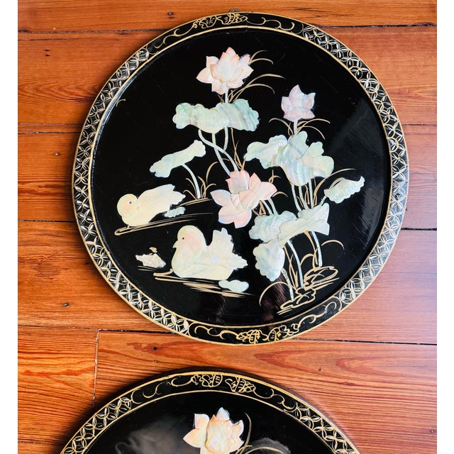 Black Chinoiserie Round Wall Art/Plaques With Mother of Pearl Inlay- A Pair For Sale - Image 9 of 12