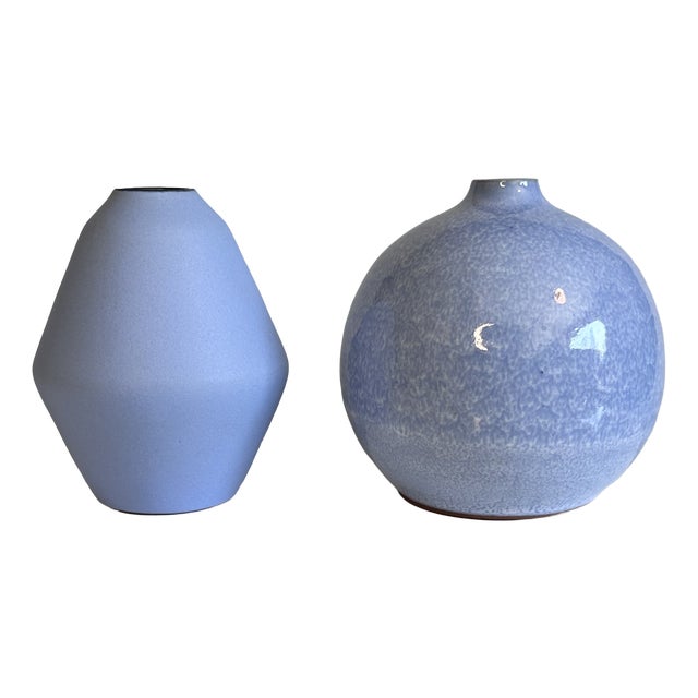 Handmade Light Blue Studio Ceramic Vases from Manufaktur Töpferhof Römhild, Thuringia, Germany, 1970s, Set of 2 For Sale