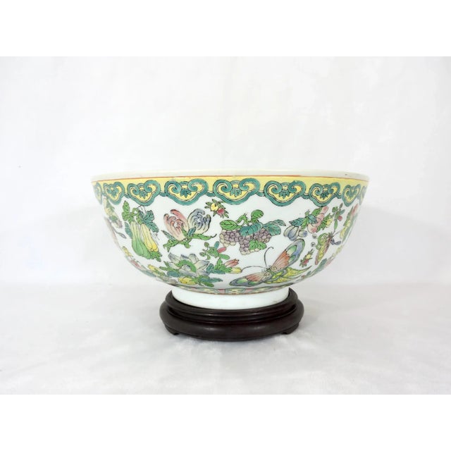 Chinoiserie Large Chinese White and Yellow Famille Rose Butterfly Porcelain Bowl & Carved Rosewood Stand For Sale - Image 3 of 13