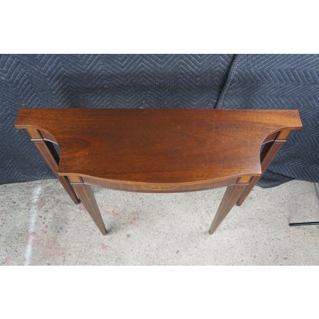 Councill Furniture Vintage Federal Style Mahogany Marquetry Inlaid Demilune Console Hall Table For Sale - Image 4 of 13