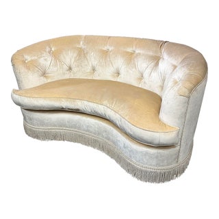 French Art Deco Style Curved Silk Velvet Tufted Sofa Settee For Sale