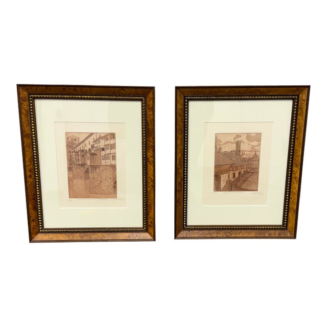 Mid 20th Century The Ponte Vecchio, Florence and Veduta Di Firenze Etchings, Pair For Sale