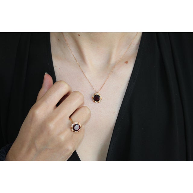 Early 21st Century Fancy Round Red Garnet Diamond Halo 18 Karat Rose Gold Cocktail Statement Ring, Size 6.5 For Sale - Image 5 of 8