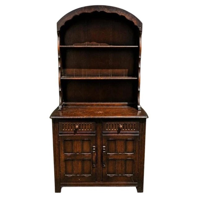 Arts & Crafts Carved Oak Dresser Cabinet with Open Display Rack For Sale - Image 9 of 9