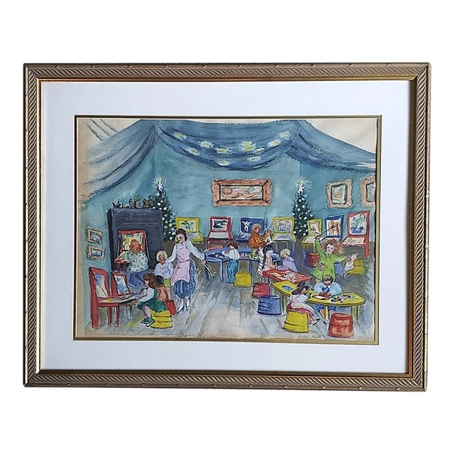 Betty Kathe' Original Watercolor Christmas at Moma Children's Art Class 1950s For Sale