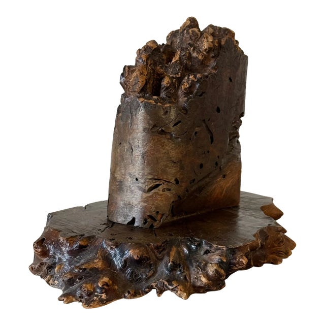 Mid-Century Burled Wood Bud Vase With Raw Edge Detail for 8 Stems For Sale