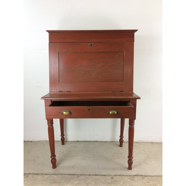 Wood Antique Dropfront Schoolmasters Desk With Single Drawer For Sale - Image 7 of 12
