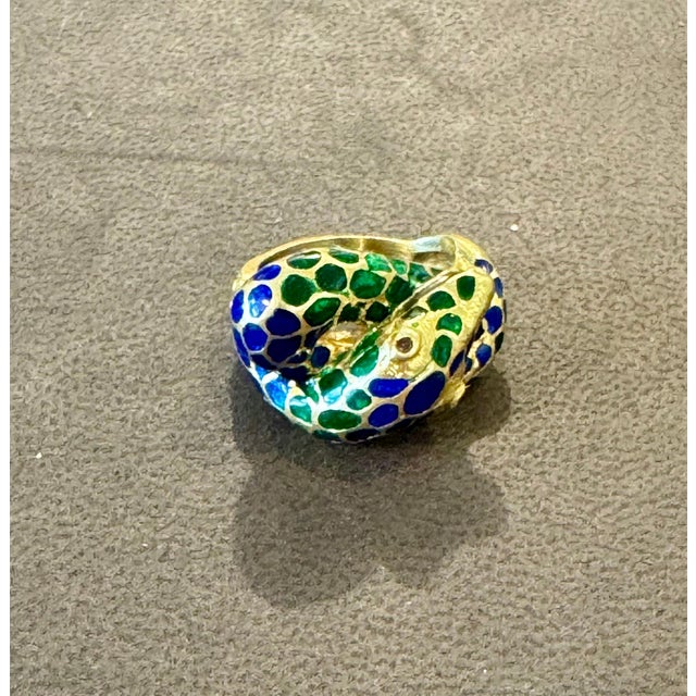 Green Blue & Green Enamel Snake Animal Cocktail Ring in 18 Karat Yellow Gold Size 5 For Sale - Image 8 of 18