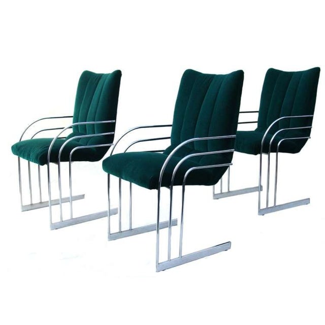 Milo Baughman Mid-Century Modern Chrome frames with deep green channel-tufted upholstery Dining Chairs For Sale - Image 4 of 4