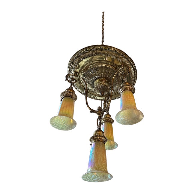 Vintage 4 Light Brass Ceiling Fixture With Lundberg Studios Art Glass Shades For Sale