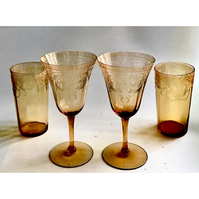 Sienna Antique Needle Etch Amber Crystal Glasses - Set of 4 For Sale - Image 8 of 8