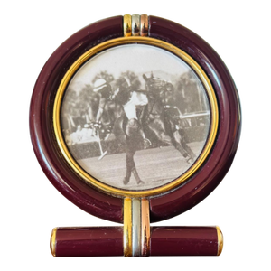Cartier 1985 "Les Must De Cartier" Round Picture Frame in Burgundy With 18k Gold Detail. Signed With Original Box