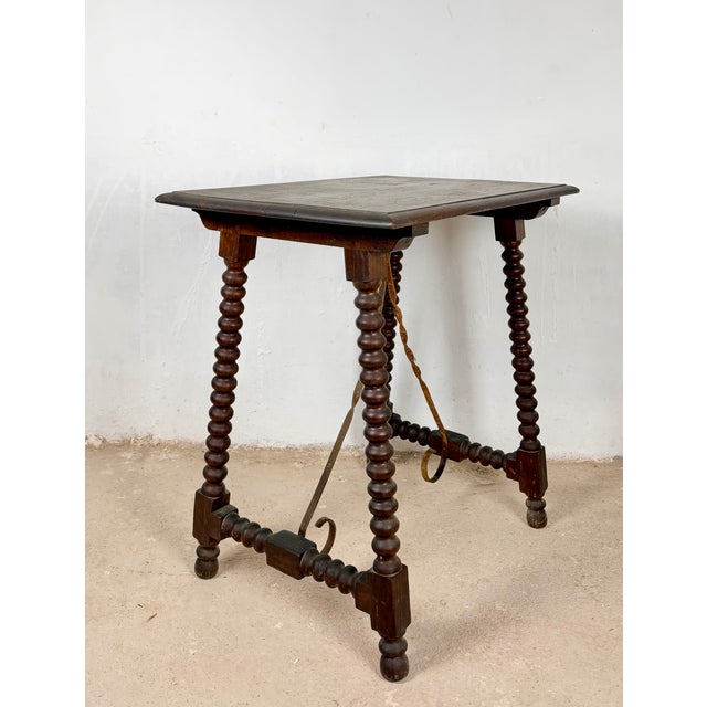 1930s Spanish Barley Twist Side Table with Wrought Iron Stretchers, 1930s For Sale - Image 5 of 11