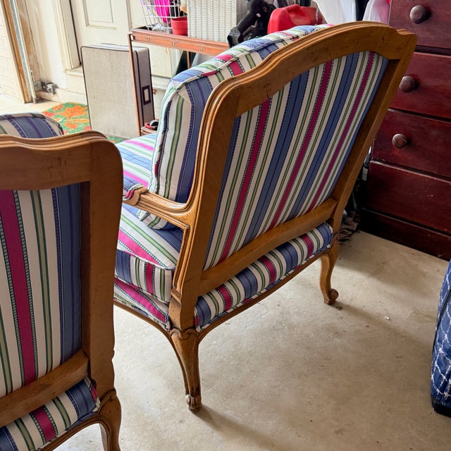 1990s Pair Striped Baker Bergères For Sale - Image 5 of 11