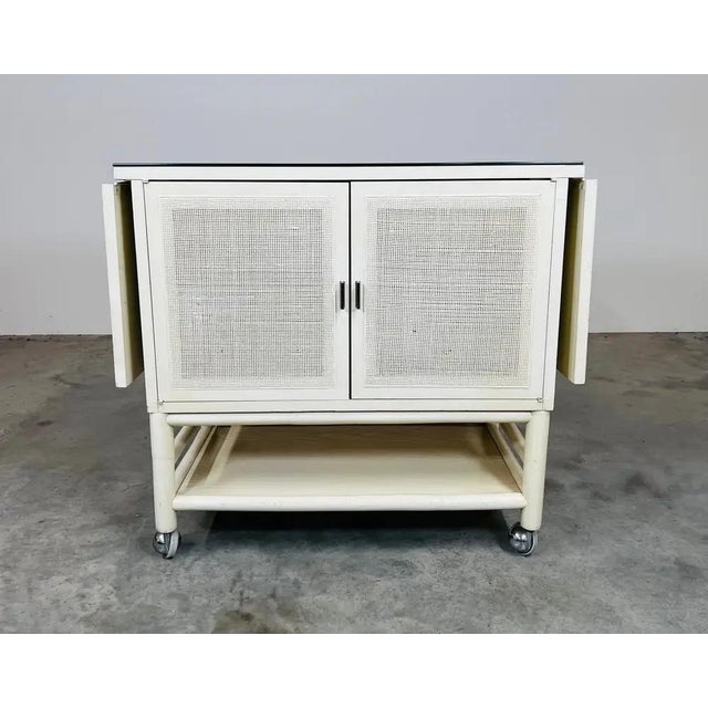 Wood Mid-Century Drop-Leaf Buffet Server, White Lacquer, Cane Front For Sale - Image 7 of 11