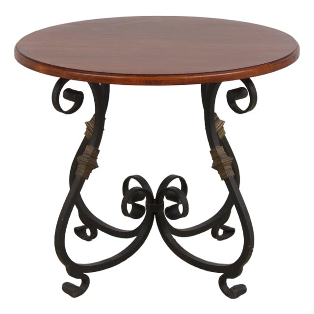 Round Cherry Top Wrought Iron Base Dining or Center Table For Sale