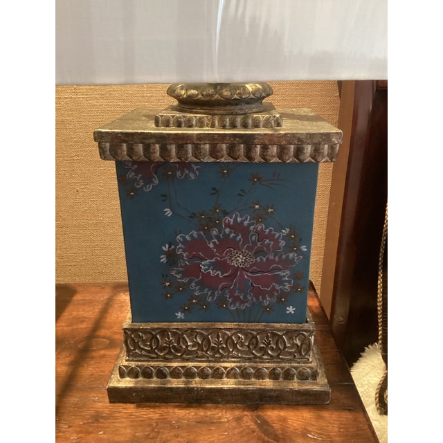 Striking pair of vintage Chinoiserie-inspired table lamps featuring deep teal-blue panels decorated with hand-painted-...