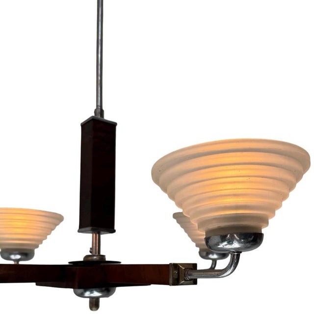 Art Deco Satin Glass, Walnut Veneer and Chromed Metal 4-Light Chandelier, Former Czechoslovakia, 1930 For Sale - Image 6 of 10