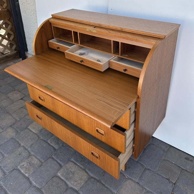Mid-Century Modern Vintage 1960s Egon Ostregaard Danish Teak Rolltop Secretary Desk / Dresser For Sale - Image 3 of 14