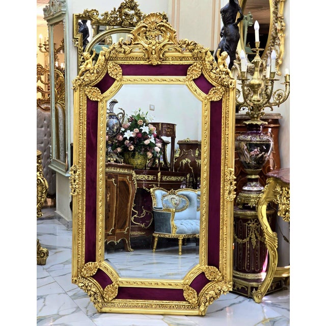 Baroque French Baroque Gold Leaf Wall Mirror – Burgundy Velvet Frame With Ornate Floral Details For Sale - Image 3 of 4