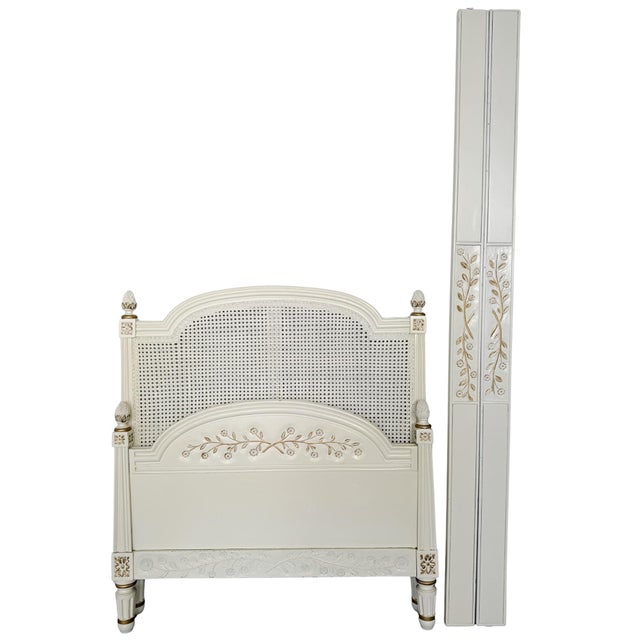 French Country Mid-Century French Louis XVI Style Creme Peinte & Gilt Twin Cane Beds - A Pair For Sale - Image 3 of 18