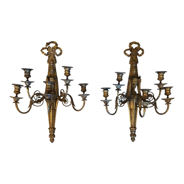 Louis XVI Style Gilt Bronze Five Arm Candle Wall Sconces For Sale