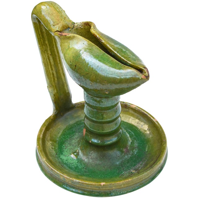 Moroccan Antique Green Moroccan Judaical Ceramic Oil Lamp For Sale - Image 3 of 7