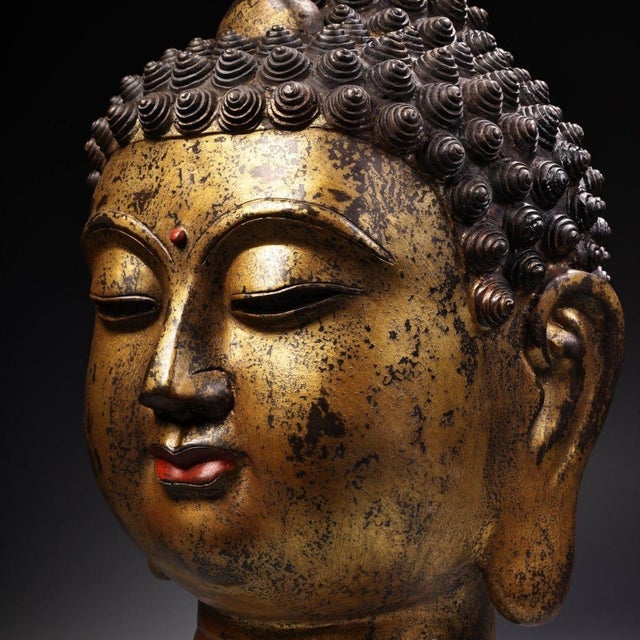 Monumental Vintage Gilt Bronze Buddha Head Sculpture - Large Asian Zen Decor, 20 LBS For Sale - Image 9 of 9