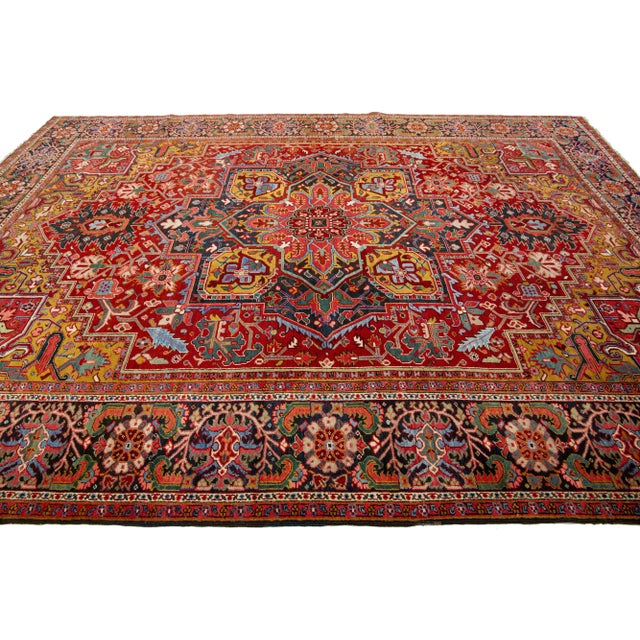 Textile Antique Heriz Handmade Persian Medallion Designed Red Wool Rug For Sale - Image 7 of 10