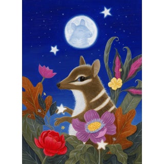 Peanut Meets the Mouse in the Moon by Gina Matarazzo | Oil on Arches watercolor paper A nocturnal scene with a small animal among flowers and a moon. For Sale