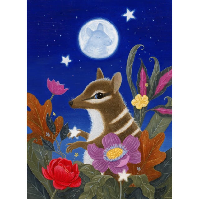Peanut Meets the Mouse in the Moon by Gina Matarazzo | Oil on Arches watercolor paper A nocturnal scene with a small animal among flowers and a moon. For Sale