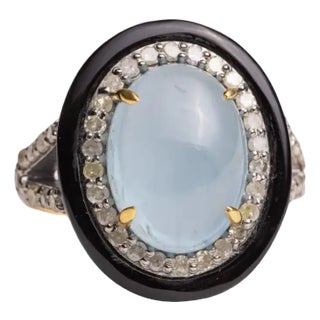 Aquamarine, Black Onyx and Diamond Dome Ring For Sale
