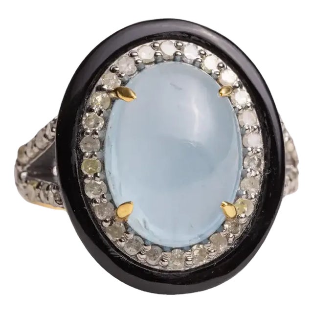 Aquamarine, Black Onyx and Diamond Dome Ring For Sale