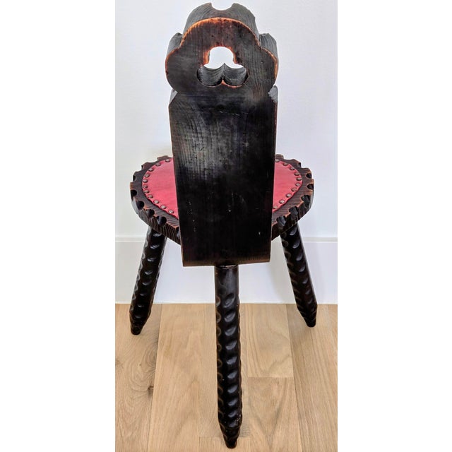 Wood Vintage Spanish Brutalist Tripod Chair With Red Leather Upholstery For Sale - Image 7 of 14