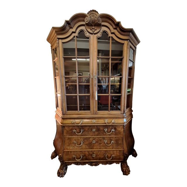 Early 20th Century Walnut Dutch Bombe Breakpoint Cabinet With Claw Feet For Sale