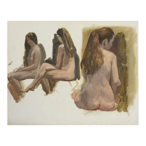 Vintage Female Nude Postimpressionist Figurative Sketches, Oil on Canvas Paper