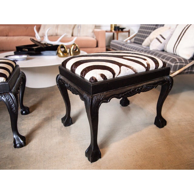 19th Century Queen Anne Style Carved Bench in Burchell Zebra Hide For Sale - Image 4 of 9