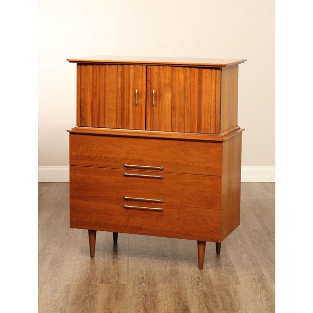 High Quality American Made Mid Century Modern Walnut Chest By Young Manufacturing Featuring A Two Door Upper Cabinet Over...
