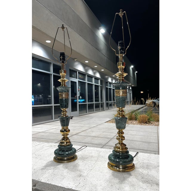 Fine pair of heavy bronze and green marble column table lamps, circa late 1940s, Japan. Piece dimensions: w6.5” x d6.5” x...