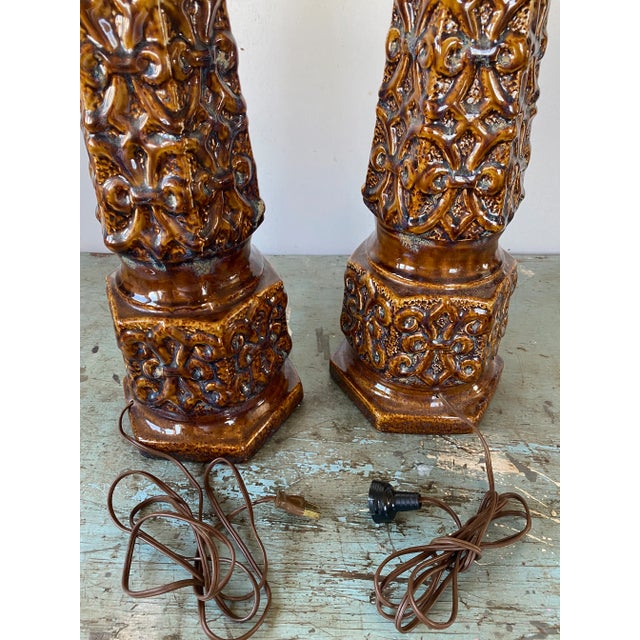 Ceramic Vintage Large Ceramic Brown Drip-Glazed Retro Pottery Table Lamps - a Pair For Sale - Image 7 of 13