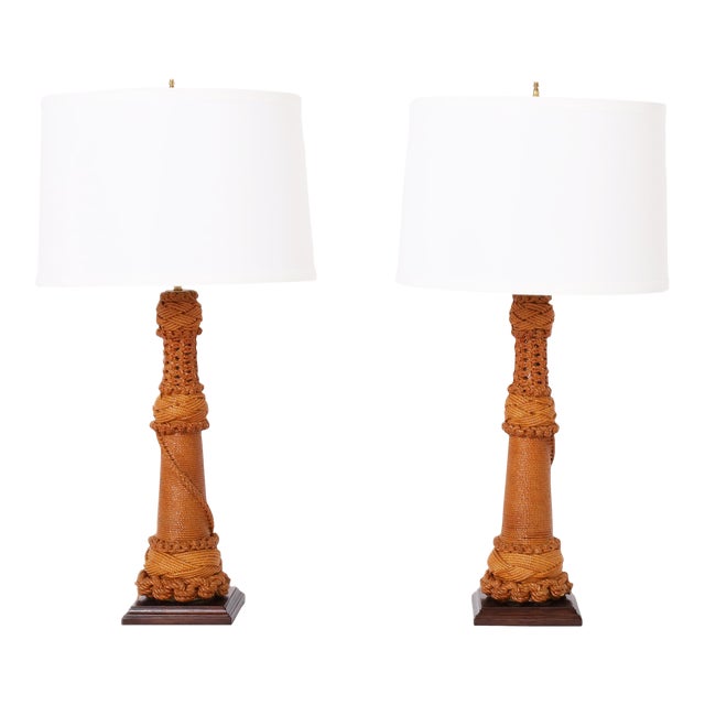 Vintage Pair of Table Lamps Wrapped in Rope For Sale