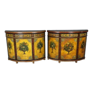 Pair of Paint Decorated Continental Demilune Italian Commodes Consoles